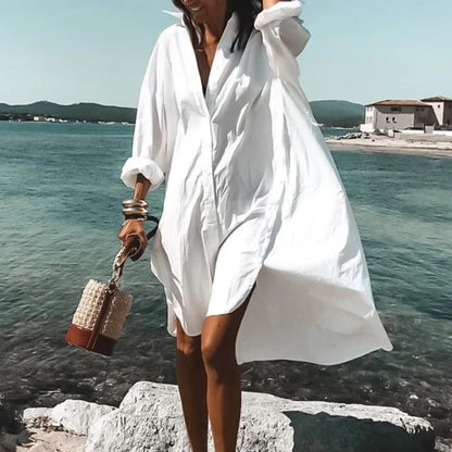 Color Flowers Printed Shirts Dresses Women Fashion Temperament Commuting Loose Midi Shirts Dress Lady Vestidos Spring Summer New