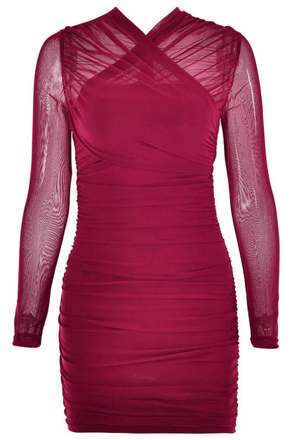 Patchwork Long Sleeve Mini Dress with Zipper