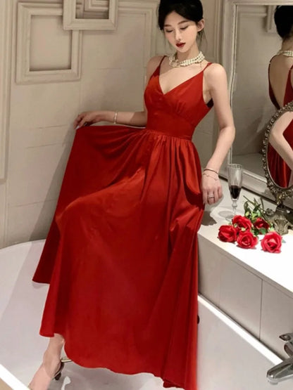 Sexy Spaghetti Strap Evening Party Dress V-neck A-line Solid Vintage Long Dresses for Women Wedding Prom Robe One Piece Vestidos
