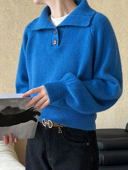 Casual Solid Knitted Lapel Sweaters Women Vintage Loose Button Long Sleeve Pullover Sweater Female Autumn Elegant Chic Base Tops