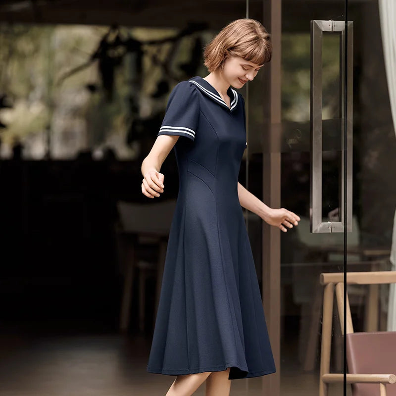 Dress Women Navy Collar With A Collegiate And Artistic Style  Summer New White Moonlight Waist-Cinched Long Dress