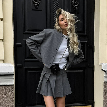 Women Striped Skirt Set Stand Collar Single Breasted Top High Waist Pleated Skirts 2024 Summer Fall New Fashion Lady Office Suit