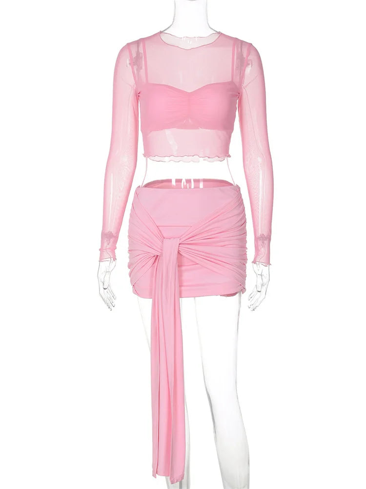 Casual See-Through 3 Piece-Set Skirt Female Pleated Long Sleeve Cropped Top And High Waist Skirt Sets Women’s Outfits