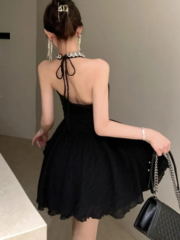 Elegant Halter Black Dresses for Women Summer New Backless Ruffles A-line Korean Birthday Party Dress Prom Short Vestidos Mujer