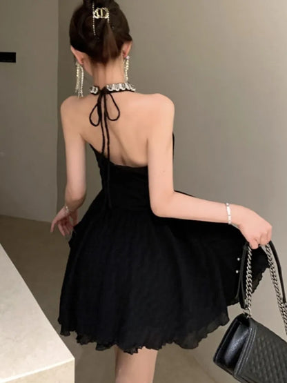 Elegant Halter Black Dresses for Women Summer New Backless Ruffles A-line Korean Birthday Party Dress Prom Short Vestidos Mujer