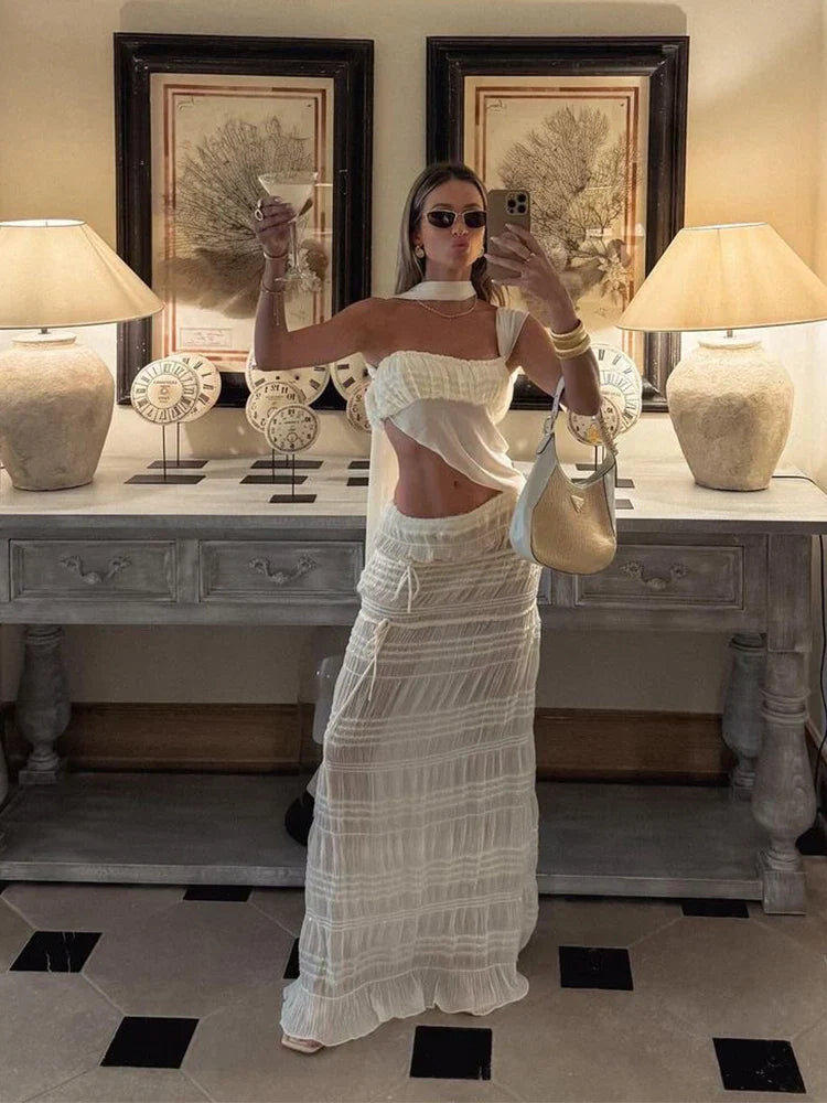 Beach Party Two-Piece Set See Through Scarf Mini Wrap Top Mesh Irregular Hem+Multi-Pleated Bottoms Matching Pretty Suits