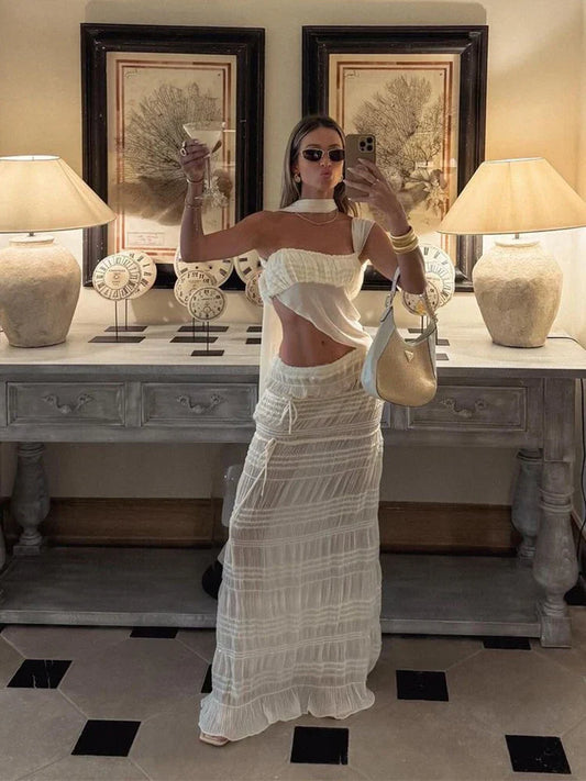 Beach Party Two-Piece Set See Through Scarf Mini Wrap Top Mesh Irregular Hem+Multi-Pleated Bottoms Matching Pretty Suits