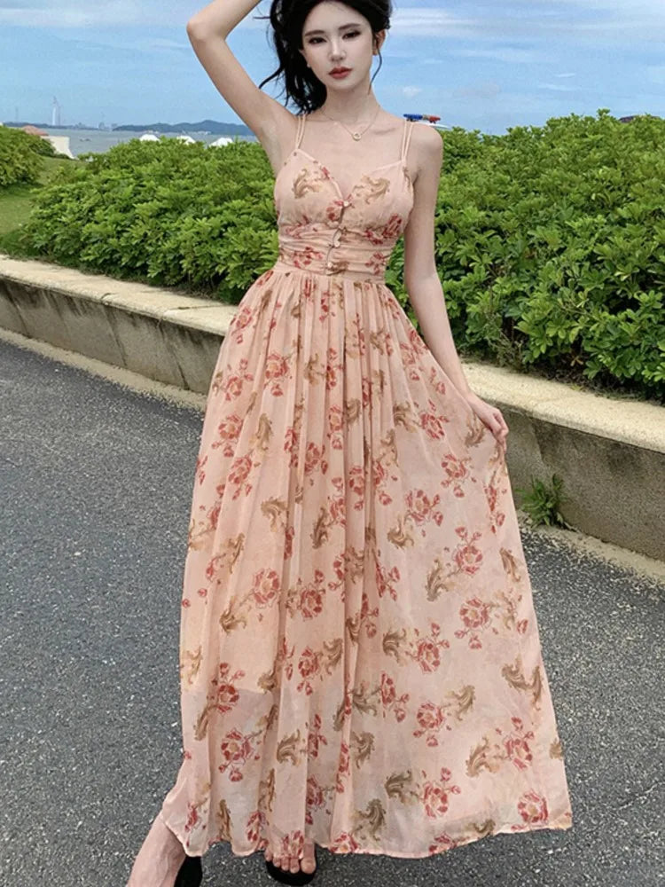 Summer New Spaghetti Strap Floral Long Dresses for Women Backless A-line Beach Style Korean Fashion Party Dress Casual Vestidos