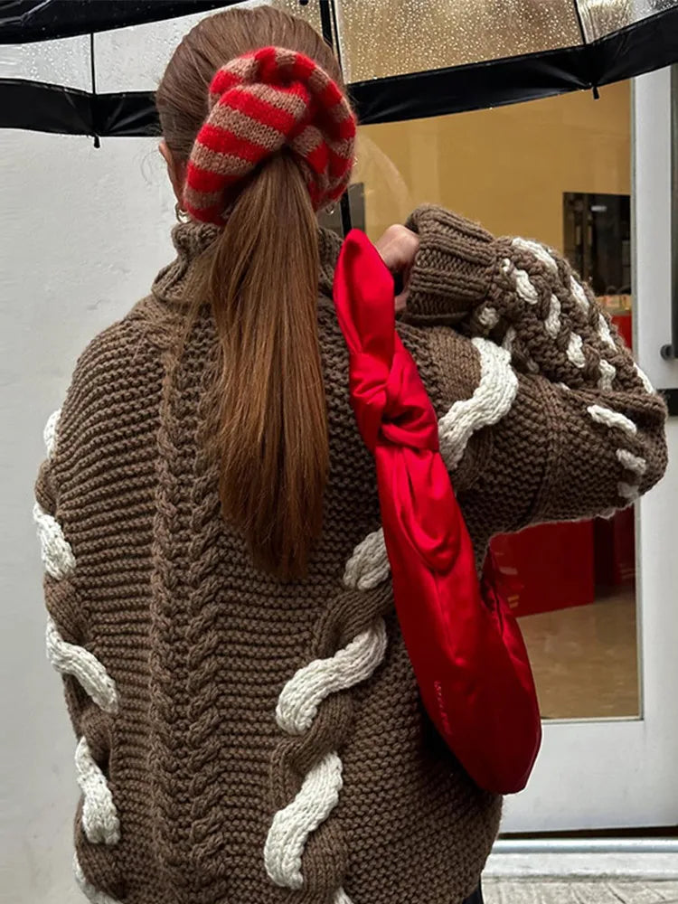 Elegant Turtleneck Women's Sweater Contrast Twist Knitted Pullovers Crocheted Knitwear Long Sleeved Top 2024 Autumn Loose Jumper