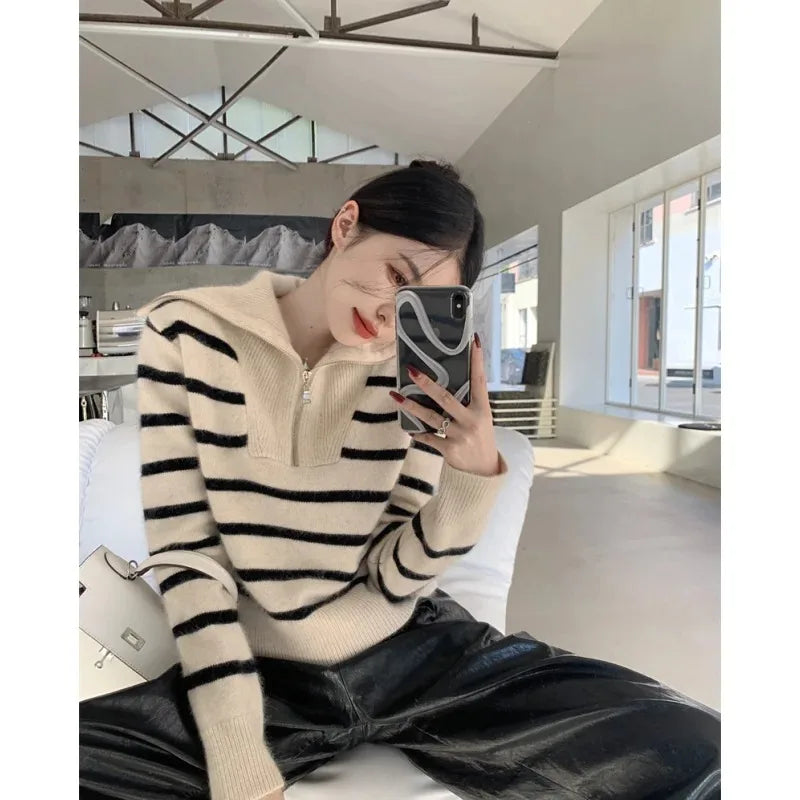 Women’s Striped Sweater Zip Thick Fall Loose Turtleneck Knit Jumper Turn-down Collar Casual Oversize Fashion Women Sweaters