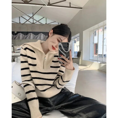Women’s Striped Sweater Zip Thick Fall Loose Turtleneck Knit Jumper Turn-down Collar Casual Oversize Fashion Women Sweaters