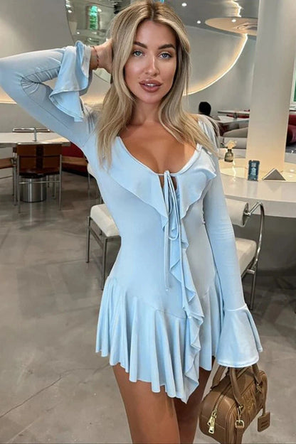 Elegant Deep V-Neck Flare Sleeve Mini Dress