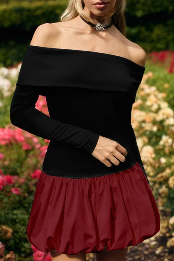 Slim High Waist Off-Shoulder Long Sleeve Mini Dress