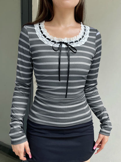 Slim Stripe Long Sleeve T Shirt Women Contrast Patchwork Lace Trim Tie O Neck Cute Y2K Kawaii Tee Basic Korean Clothes