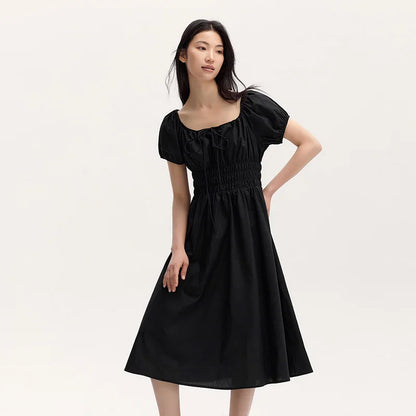 Dress Women Gentle And Elegant  Summer New French-Style Square Collar Waist Cinched Mid-Length Fresh