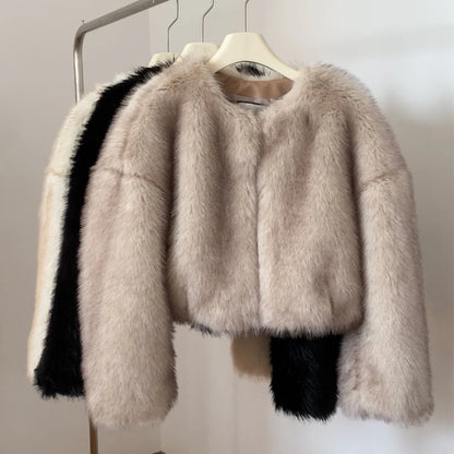 Chic Street Blogger Fashion Girls  Winter Trendy Faux Raccoon Fox Fur Coat Jacket Women Thick Warm Cropped Fluffy Overcoats