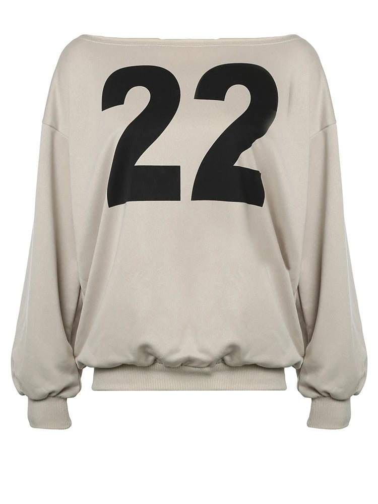Figure Print Casual Loose Sweatshirts Women  Autumn WInter New Fashion Off Shoulder Slash Neck Streetwear Pullovers