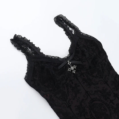 Lace Trim Backless Flocking Corset