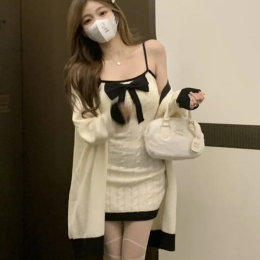 Elegant Knitted Two-Piece Set Women Bow Designer Sweet Party Dress Set Female Korean Style Sweater Mini Dress Suit Winter
