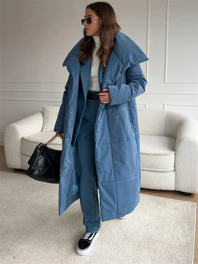 Winter Female Parkas Outwear Loose Lace-Up High Waist Long Sleeve Pocket Lapel Bandage Coat For Women Solid Parkas