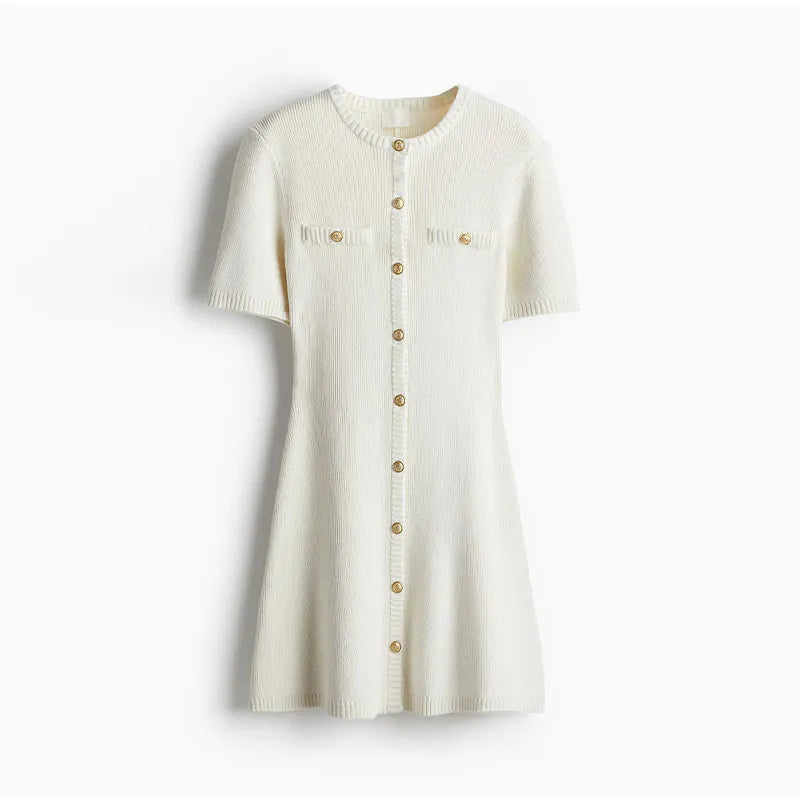 Knitted Dress for Women Streetwear Vintage Fashion Dresses Solid Slim Button Short Sleeve Mini 2024 New Spring Summer Dress