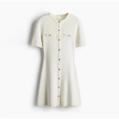 Knitted Dress for Women Streetwear Vintage Fashion Dresses Solid Slim Button Short Sleeve Mini 2024 New Spring Summer Dress