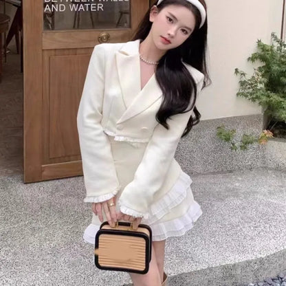 Autumn New Luxury Two-piece Skirt Set Women Lapel Crop Jacket Ruffles Patchwork Bodycon Mini Skirt Korean Fashion Female Outfits