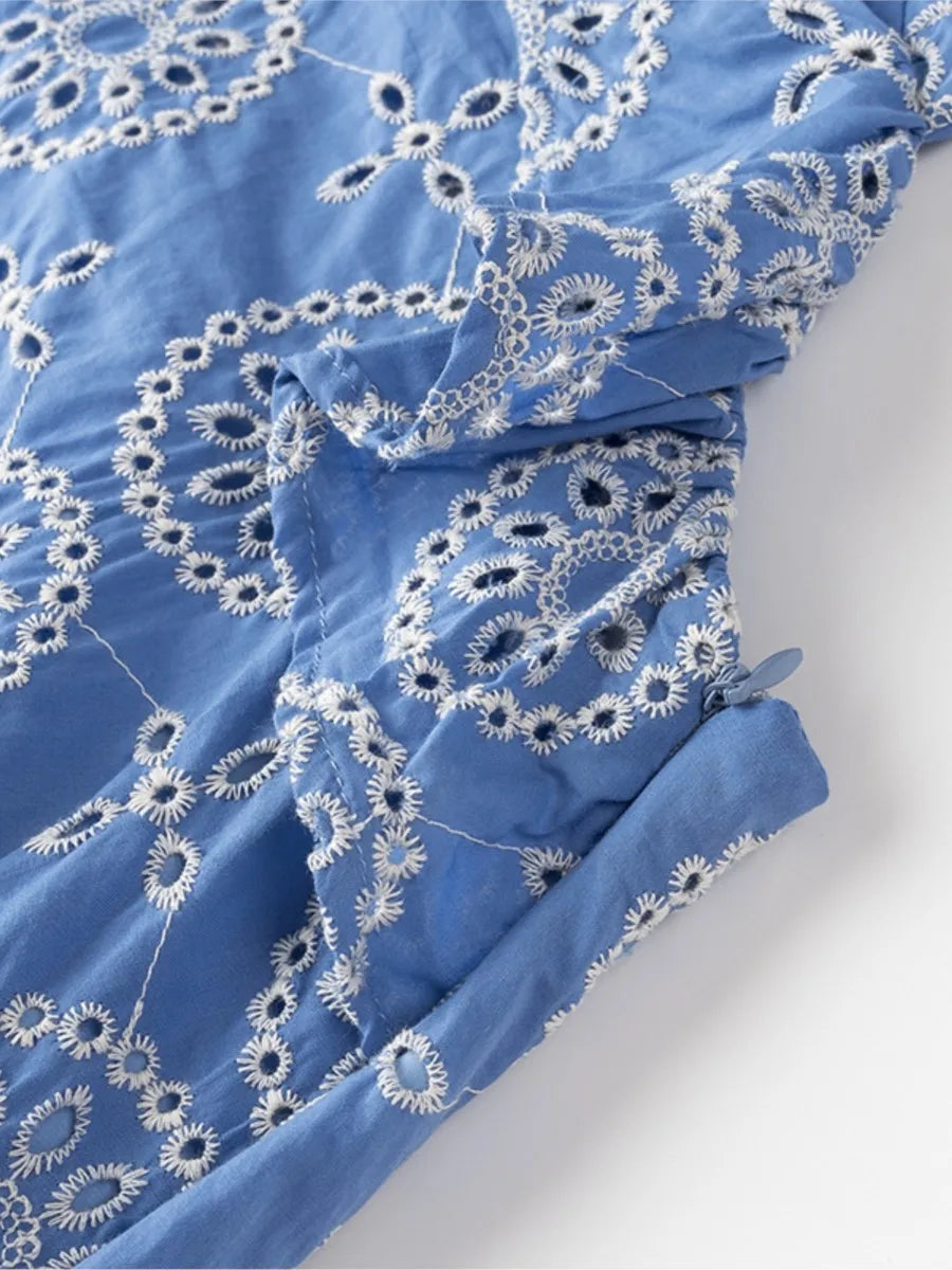 Blue Hollow Out Embroidered Midi Dress Women Summer New V Neck Sleeveless Ruffle Long Dresses Elegant Fashion Holiday Vestidos