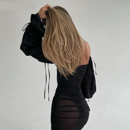 Voguable  Spaghetti Strap Long Lantern Sleeves Ruched Mini Dresses Woman Y2k Mesh Vintage Dress Club Party Vestidos