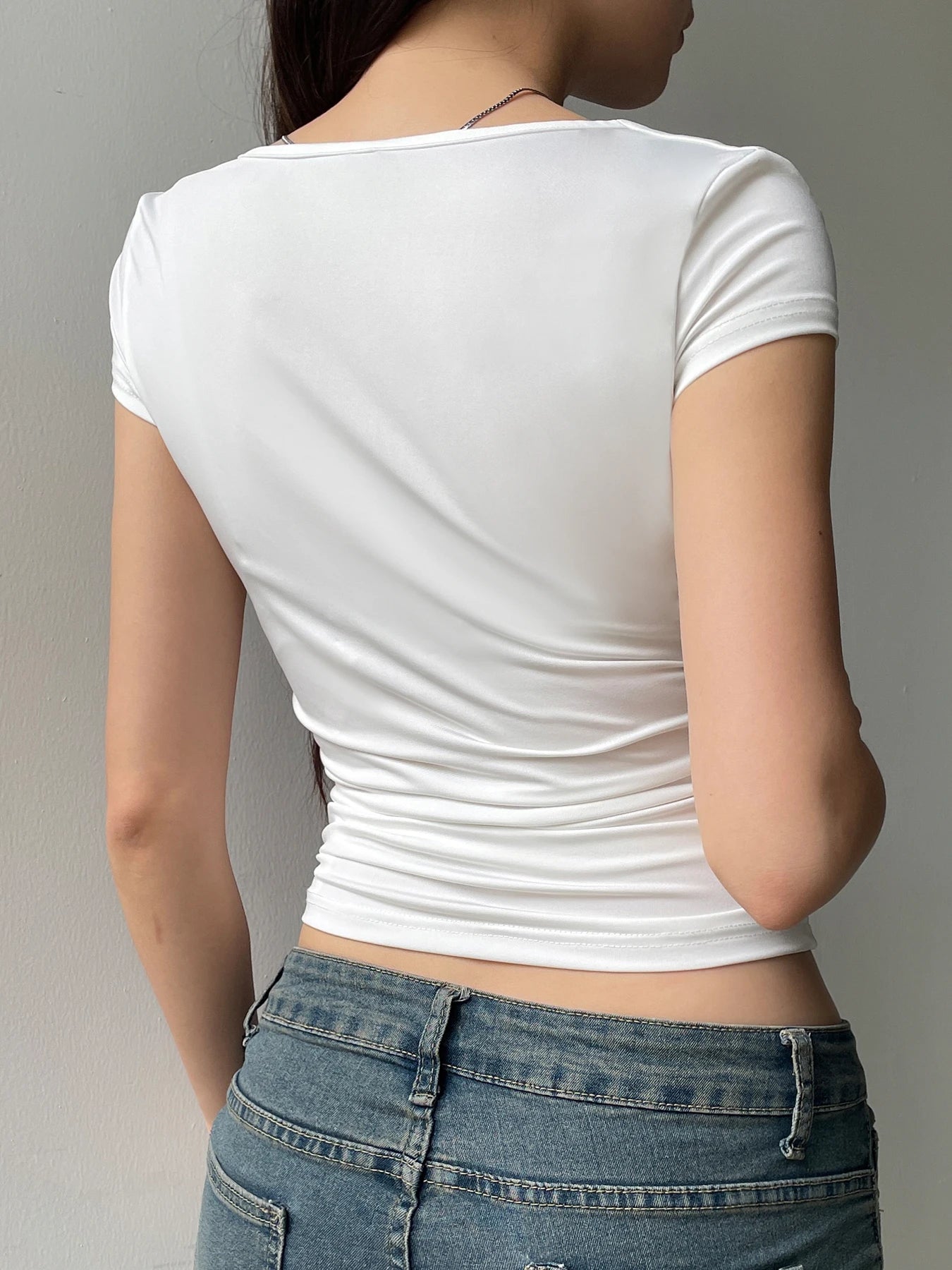 White Solid Lace Trim V Neck Slim Basic Short Sleeve T Shirt Women Elegant Fashion Sexy Korean Tees