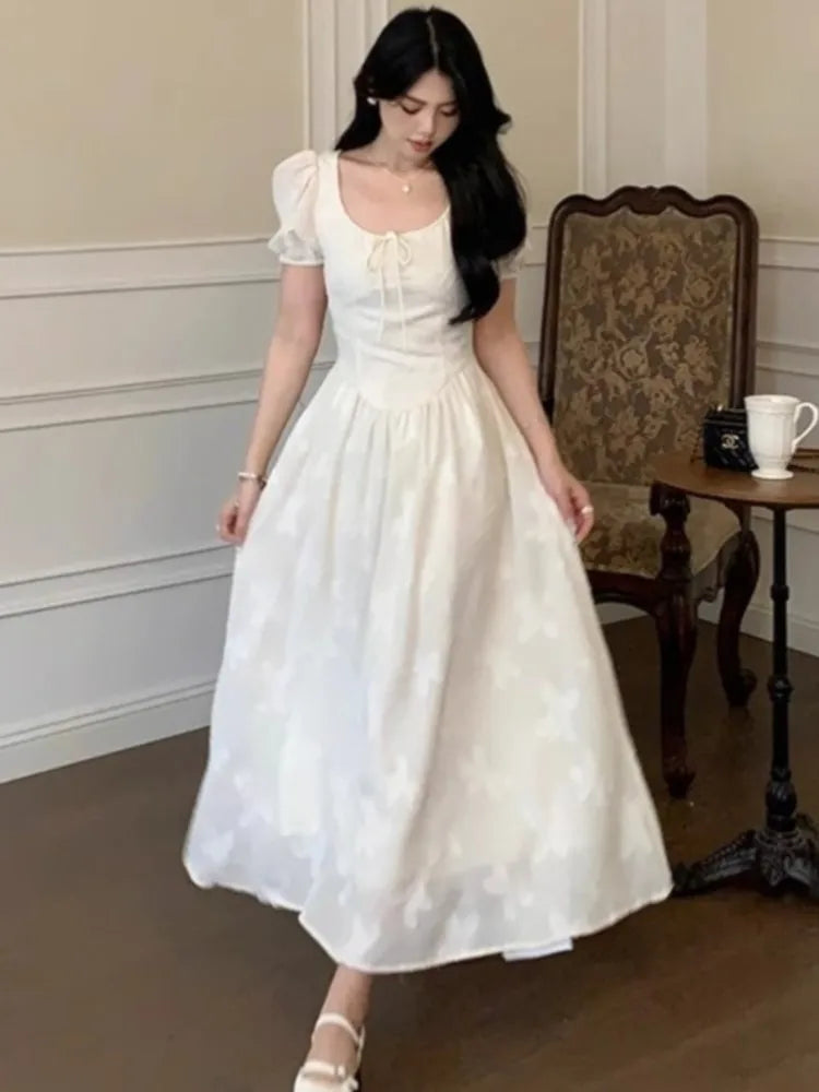 Elegant Midi Dresses for Women Summer New Puff Sleeve Square Collar A-line Casual Birthday Party Dress Korean One Piece Vestido