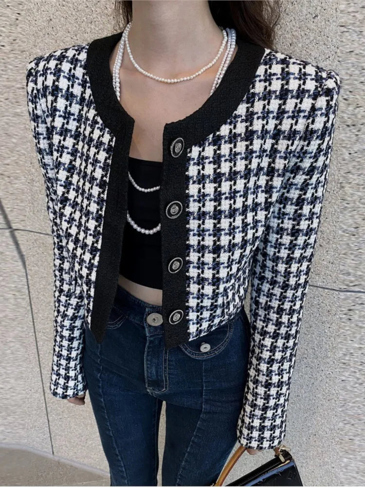 Elegant Cropped Jacket Women French Vintage Single Breasted Long Sleeve O-neck Top Autumn Y2k All-match Houndstooth Coats New