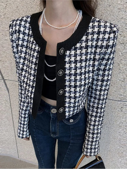 Elegant Cropped Jacket Women French Vintage Single Breasted Long Sleeve O-neck Top Autumn Y2k All-match Houndstooth Coats New