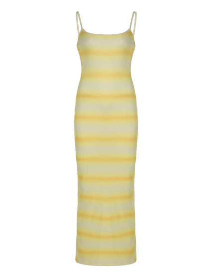 Yellow Gradient Stripe Slim Elegant Spaghetti Straps Long Dresses Women Split Side Sexy Rib Knit Beach Boho Vacation Outfits