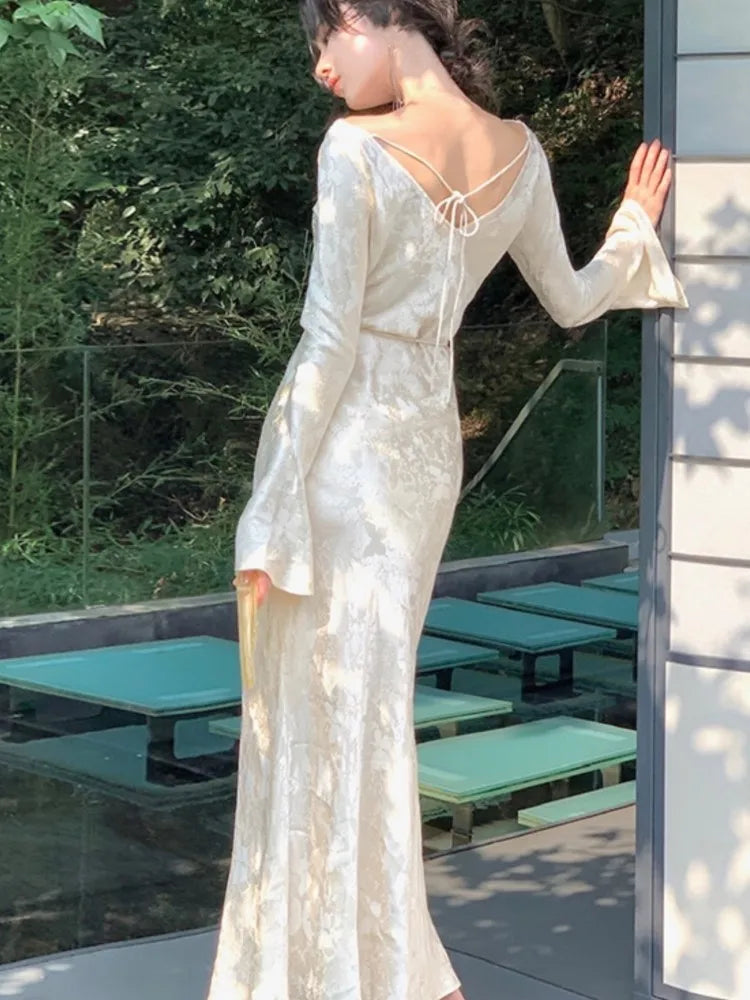 French Vintage Bodycon Evening Dresses for Women Autumn Wedding Prom Robe Flare Sleeve Swinging Collar Midi Vestidos Mujer New