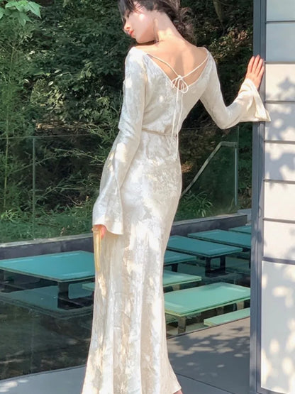 French Vintage Bodycon Evening Dresses for Women Autumn Wedding Prom Robe Flare Sleeve Swinging Collar Midi Vestidos Mujer New