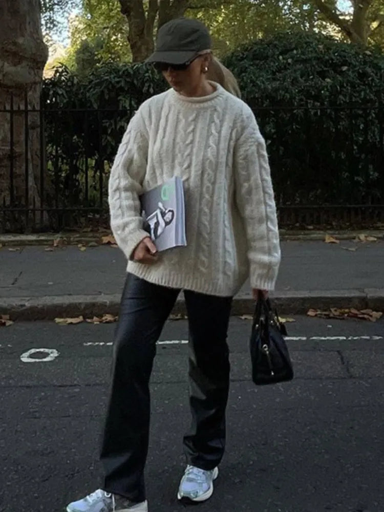 Casual Knitted Long Sleeve Sweaters Women Loose White Half High Neck Pullover Sweater Female Autumn Simple Chic High Street Tops