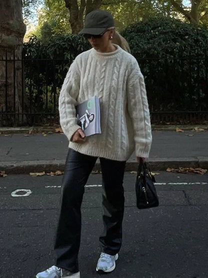 Casual Knitted Long Sleeve Sweaters Women Loose White Half High Neck Pullover Sweater Female Autumn Simple Chic High Street Tops