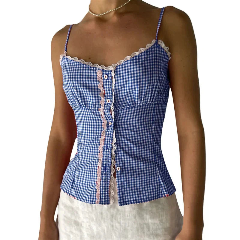y2k Tops for Plaid Print Lace Trim Spaghetti Strap Sleeveless Single Breasted Camisole Sweet Coquette Clothing