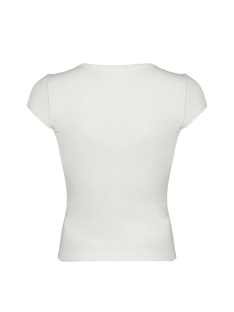 White Solid Lace Trim V Neck Slim Basic Short Sleeve T Shirt Women Elegant Fashion Sexy Korean Tees