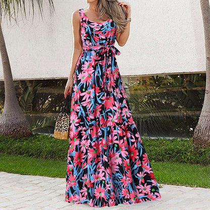 Summer Flower Print Sleeveless Long Dresses Women Elegant Casual Vacation Style Dress O Neck High Waist Leace-up Maxi Vestidos