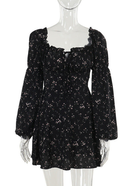 Long Puff Sleeve Floral Dress Wmen Autumn Winter Square Collar Backless Dress Female Fashion Elegant Dresses New