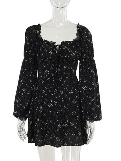 Long Puff Sleeve Floral Dress Wmen Autumn Winter Square Collar Backless Dress Female Fashion Elegant Dresses New