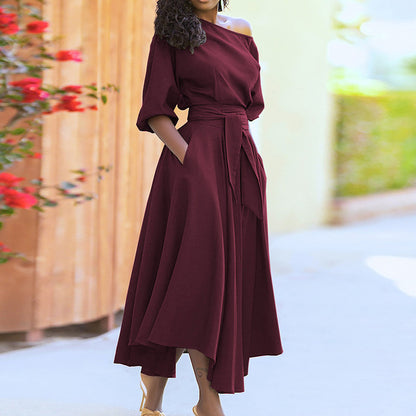 Temperament Simple Style Solid Color Dresses Women Fashion Half Sleeves Slant Collar Leace-up Irregular Dress Female New Vestido