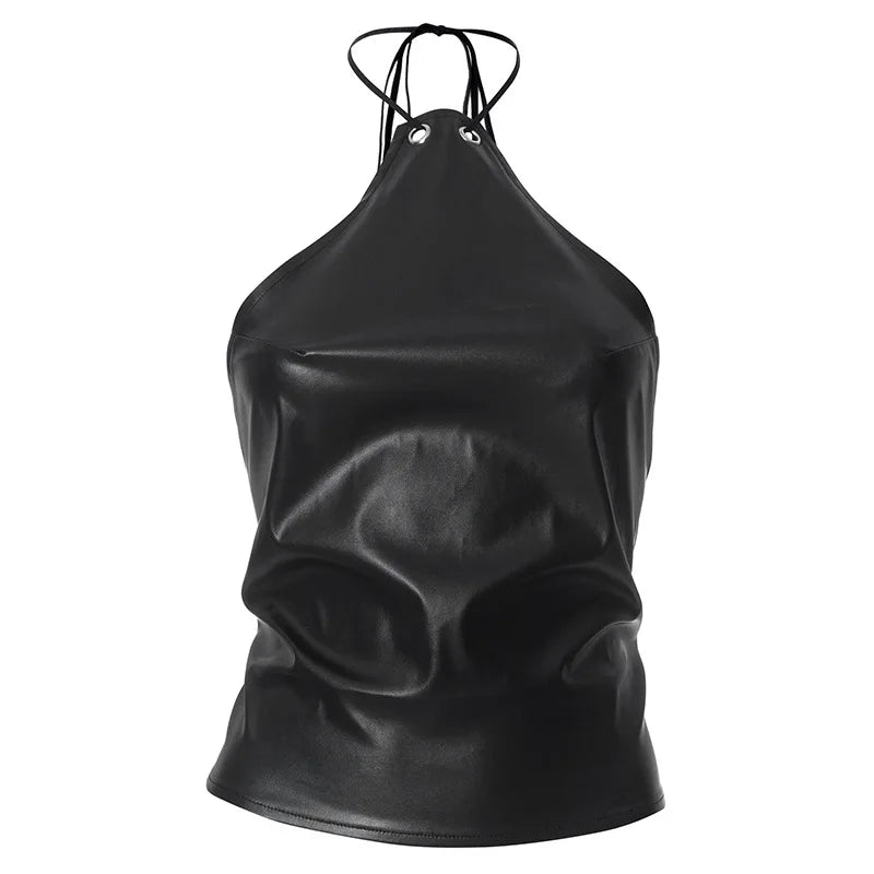 New Sexy Sleeveless Halter Neck Cutout Crop Top Women Leather PU Hot Girl Solid Color Slim Club Party Backless Short Top