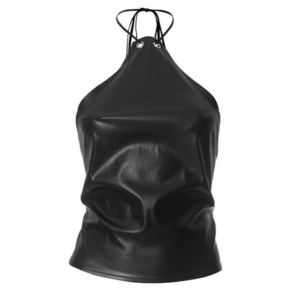 New Sexy Sleeveless Halter Neck Cutout Crop Top Women Leather PU Hot Girl Solid Color Slim Club Party Backless Short Top