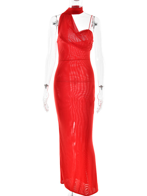 Elegant Single Shoulder Mesh Double Layer Bodycon Party Club Evening Dress Sexy Backless Vestido Autumn/Winter Clothing