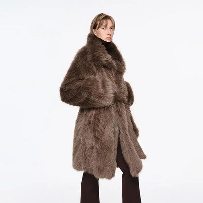 Luxury Brand Belted Long Fluffy Faux Fur Coat Women  Winter Thicken Warm Lapel Fox Fur Collar Furry Jacket Overcoat
