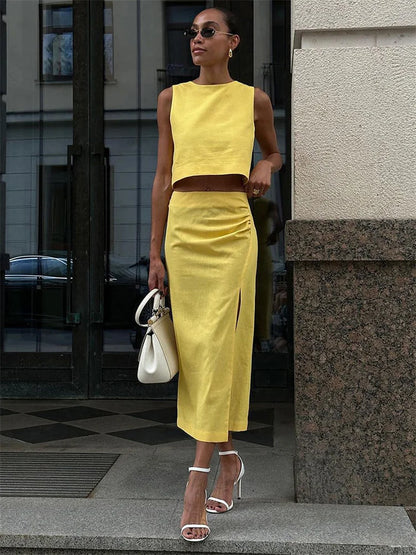 Fashion Female Maxi Skirt Sets High Waist Split Elegant Solid Streetwear Cropped Vest Top And Long Skirt Outfits Women’s