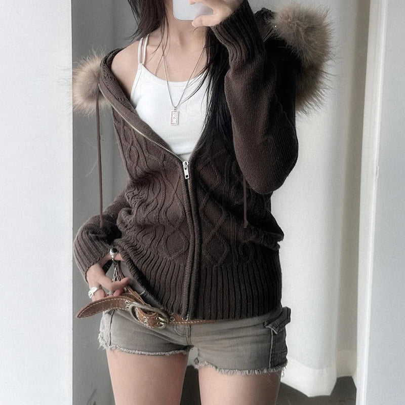 Women Fur Hooded Cardigan Fall Vintage Brown Knitted Zipper Coat Winter Street Outfits Korean Fashion Jacket 2000s